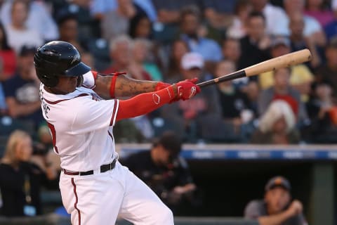 SURPRISE, AZ – NOVEMBER 03: AFL West All-Star, Cristian Pacche #27 of the Atlanta Braves bats during the Arizona Fall League All Star Game at Surprise Stadium on November 3, 2018 in Surprise, Arizona. (Photo by Christian Petersen/Getty Images)