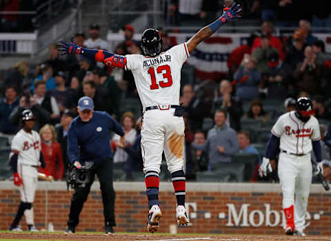 ATLANTA, GEORGIA – APRIL 01: Ronald  Acuna Jr. #13 of the Atlanta Braves reacts after hitting a solo homer to lead off the third inning against the Chicago Cubs on April 01, 2019 in Atlanta, Georgia. (Photo by Kevin C. Cox/Getty Images)