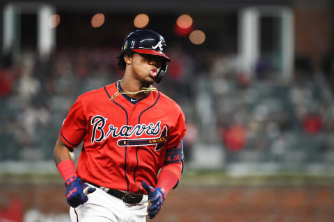 ATLANTA, GEORGIA – APRIL 05: Ronald Acuna Jr. #13 of the Atlanta Braves celebrates after hitting a home run in the 4th inning against the Miami Marlins at SunTrust Park on April 05, 2019 in Atlanta, Georgia. (Photo by Logan Riely/Getty Images)