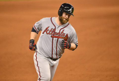 MIAMI, FL – MAY 03: Brian  McCann #16 of the Atlanta Braves rounds third base after hitting a homerun in the sixth inning against the Miami Marlins at Marlins Park on May 3, 2019 in Miami, Florida. (Photo by Mark Brown/Getty Images)