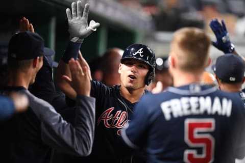 PITTSBURGH, PA – JUNE 04: Austin Riley #27 of the Atlanta Braves celebrates his three run home run during the seventh inning against the Pittsburgh Pirates at PNC Park on June 4, 2019 in Pittsburgh, Pennsylvania. (Photo by Joe Sargent/Getty Images)