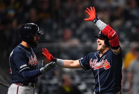 PITTSBURGH, PA – JUNE 04: Josh Donaldson #20 of the Atlanta Braves celebrates his three run home run with Nick Markakis #22 during the eighth inning against the Pittsburgh Pirates at PNC Park on June 4, 2019 in Pittsburgh, Pennsylvania. (Photo by Joe Sargent/Getty Images)