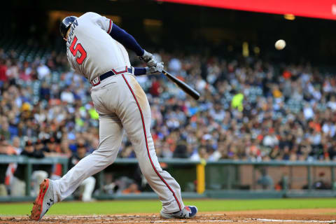 SAN FRANCISCO, CALIFORNIA – MAY 22: Freddie Freeman #5 of the Atlanta Braves hits a solo home run during the second inning against the San Francisco Giants at Oracle Park on May 22, 2019 in San Francisco, California. (Photo by Daniel Shirey/Getty Images)