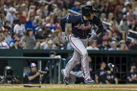 WASHINGTON, DC – JUNE 22: Freddie Freeman #5 of the Atlanta Braves hits a three RBI double against the Washington Nationals during the seventh inning at Nationals Park on June 22, 2019 in Washington, DC. (Photo by Scott Taetsch/Getty Images)