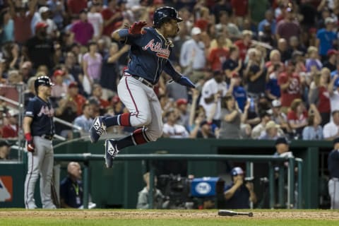 WASHINGTON, DC – JUNE 22: Ronald Acuna Jr. #13 of the Atlanta Braves celebrates after scoring against the Washington Nationals during the seventh inning at Nationals Park on June 22, 2019 in Washington, DC. (Photo by Scott Taetsch/Getty Images)