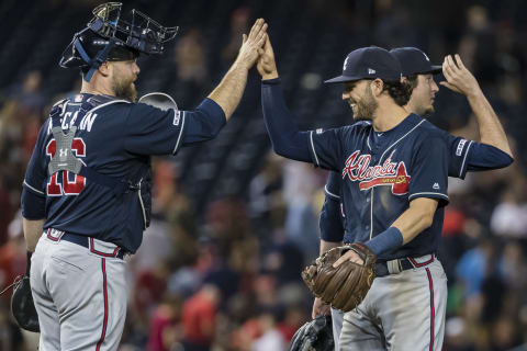 WASHINGTON, DC – JUNE 22: Dansby Swanson #7 of the Atlanta Braves celebrates with Brian McCann #16 after the game against the Washington Nationals at Nationals Park on June 22, 2019 in Washington, DC. (Photo by Scott Taetsch/Getty Images)