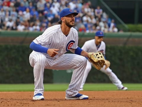 Kris Bryant #17 (L) and Javier Baez #9 of the Chicago Cubs. (Photo by Jonathan Daniel/Getty Images)