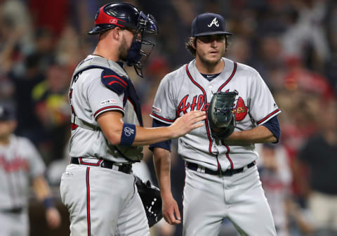 SAN DIEGO, CALIFORNIA – JULY 13: Tyler Flowers #25 congratulates Luke Jackson #77 of the Atlanta Braves after defeating the San Diego Padres 7-5 in a game at PETCO Park on July 13, 2019 in San Diego, California. (Photo by Sean M. Haffey/Getty Images)