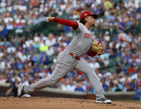 CHICAGO, ILLINOIS – JULY 15: Starting pitcher Luis  Castillo #58 of the Cincinnati Reds delivers the ball against the Chicago Cubs at Wrigley Field on July 15, 2019 in Chicago, Illinois. (Photo by Jonathan Daniel/Getty Images)