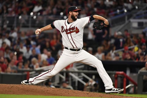 ATLANTA, GEORGIA – AUGUST 31: Chris Martin #51 of the Atlanta Braves pitches in the seventh inning against the Chicago White Sox on August 31, 2019 in Atlanta, Georgia. (Photo by Logan Riely/Getty Images)