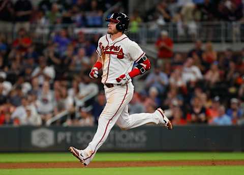 ATLANTA, GEORGIA – SEPTEMBER 03: Josh Donaldson #20 of the Atlanta Braves heads to second base after hitting a two-RBI double in the fifth inning against the Toronto Blue Jays at SunTrust Park on September 03, 2019 in Atlanta, Georgia. (Photo by Kevin C. Cox/Getty Images)