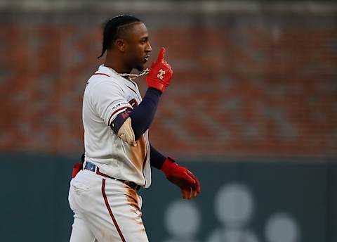 ATLANTA, GEORGIA – SEPTEMBER 05: Ozzie Albies #1 of the Atlanta Braves reacts after hitting a RBI double in the first inning against the Washington Nationals at SunTrust Park on September 05, 2019 in Atlanta, Georgia. (Photo by Kevin C. Cox/Getty Images)