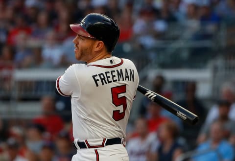 Atlanta Braves first baseman Freddie Freeman didn’t make the trip to Kansas City, to allow his ailing elbow time to rest.. (Photo by Kevin C. Cox/Getty Images)