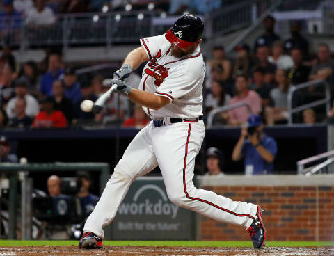 ATLANTA, GEORGIA – SEPTEMBER 18: Brian  McCann #16 of the Atlanta Braves scores a run as he grounds into a force out during the second inning against the Philadelphia Phillies at SunTrust Park on September 18, 2019 in Atlanta, Georgia. (Photo by Kevin C. Cox/Getty Images)