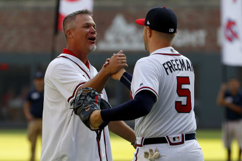 Atlanta Braves Hall of Famer Chipper Jones greets Freddie Freeman in 2019. (Photo by Kevin C. Cox/Getty Images)