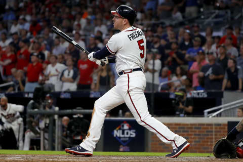 ATLANTA, GEORGIA – OCTOBER 03: Freddie Freeman #5 of the Atlanta Braves hits a home run against the St. Louis Cardinals during the ninth inning in game one of the National League Division Series at SunTrust Park on October 03, 2019 in Atlanta, Georgia. (Photo by Kevin C. Cox/Getty Images)