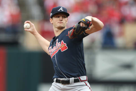 ST LOUIS, MISSOURI – OCTOBER 06: Mike Soroka #40 of the Atlanta Braves delivers the pitch against the St. Louis Cardinals during the first inning in game three of the National League Division Series at Busch Stadium on October 06, 2019 in St Louis, Missouri. (Photo by Jamie Squire/Getty Images)