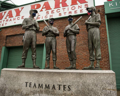 BOSTON, MA – APRIL 9: The “Teammates” statues wear makeshift masks. (Photo by Billie Weiss/Boston Red Sox/Getty Images)