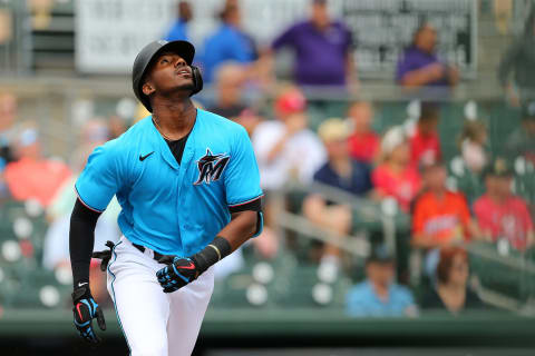 Lewis Brinson  vs. Atlanta Braves. (Photo by Rich Schultz/Getty Images)