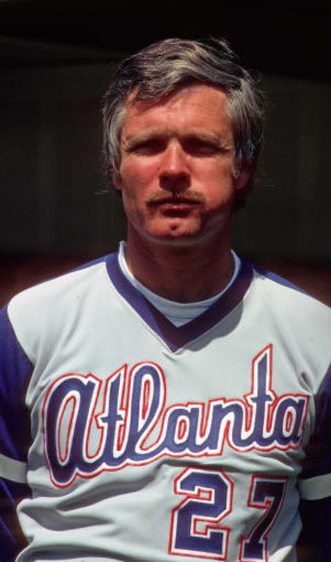 PITTSBURGH, PA – MAY 12: Team owner Ted Turner of the Atlanta Braves looks on from the dugout in uniform before a game against the Pittsburgh Pirates at Three Rivers Stadium on May 12, 1977 in Pittsburgh, Pennsylvania. Turner managed the Braves during the game played the previous night. (Photo by George Gojkovich/Getty Images)