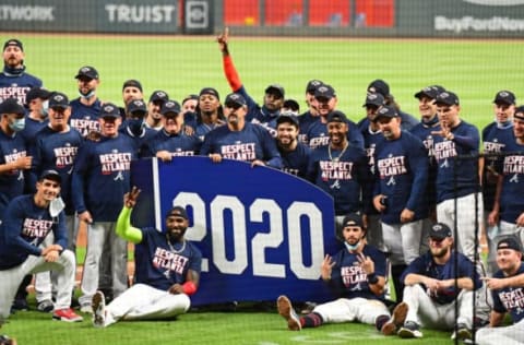 Atlanta Braves celebrate. (Photo by Scott Cunningham/Getty Images)