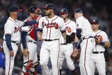 ATLANTA, GA – APRIL 28: Huascar Ynoa #19 of the Atlanta Braves comes out of the game in the sixth inning against the Chicago Cubs at Truist Park on April 28, 2021 in Atlanta, Georgia. (Photo by Todd Kirkland/Getty Images)