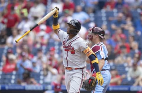 Ronald Acuna Jr. #13 of the Atlanta Braves reacts after striking out. (Photo by Mitchell Leff/Getty Images)