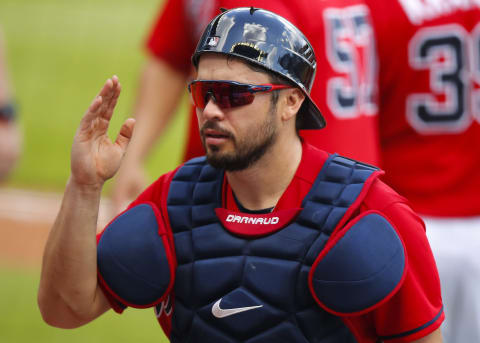 Travis d’Arnaud #16 of the Atlanta Braves. (Photo by Todd Kirkland/Getty Images)