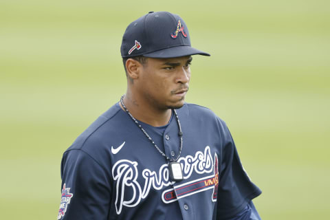 Jasseel De La Cruz of the Atlanta Braves in a 2021 spring training game (Photo by Michael Reaves/Getty Images)