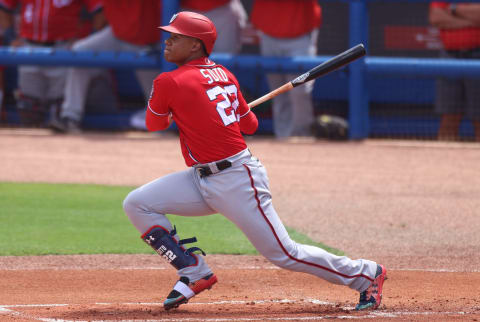 Like Atlanta Braves OF Ronald Acuna Jr., Juan Soto of the Nationals is a rising super star (Photo by Mark Brown/Getty Images)