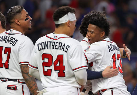 ATLANTA, GEORGIA – MAY 19: The Atlanta Braves celebrate after winning Wednesday  (Photo by Kevin C. Cox/Getty Images)