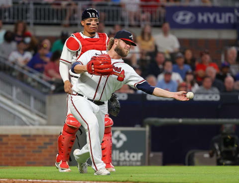 ATLANTA, GEORGIA – MAY 19: A.J. Minter makes an errand throw (Photo by Kevin C. Cox/Getty Images)