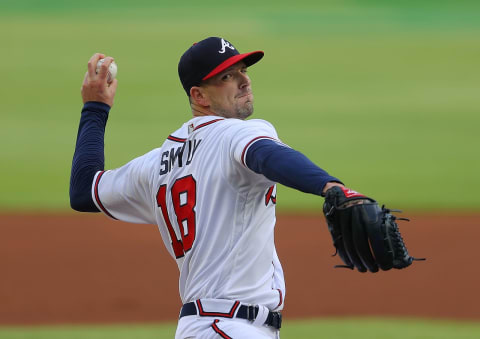 ATLANTA, GEORGIA – MAY 20: Drew Smyly #18 of the Atlanta Braves pitches in the first inning against the Pittsburgh Pirates at Truist Park on May 20, 2021 in Atlanta, Georgia. (Photo by Kevin C. Cox/Getty Images)