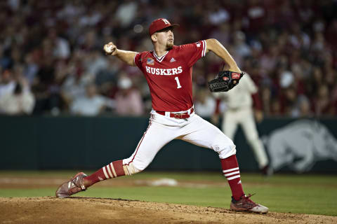 The Atlanta Braves selected Nebraska pitcher Spencer Schwellenbach withtheir second pick in the 2021 MLB Amateur Draft. (Photo by Wesley Hitt/Getty Images)