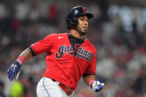 CLEVELAND, OHIO – JULY 03: Eddie Rosario #9 of the Cleveland Indians runs out a double during the seventh inning against the Houston Astros at Progressive Field on July 03, 2021 in Cleveland, Ohio. (Photo by Jason Miller/Getty Images)