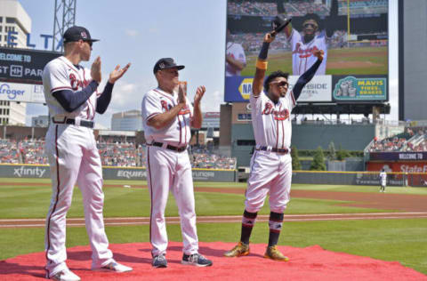 Freddie Freeman #5 and Ronald Acuña Jr. #13 of the Atlanta Braves are recognized for being selected as MLB All-Star Game starters. (Photo by Edward M. Pio Roda/Getty Images)