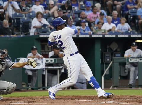 KANSAS CITY, MISSOURI – JULY 26: Jorge Soler #12 of the Kansas City Royals hits a home run in the fourth inning against the Chicago White Sox at Kauffman Stadium on July 26, 2021 in Kansas City, Missouri. (Photo by Ed Zurga/Getty Images)