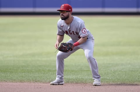 Infielder Jack Mayfield of the Los Angeles Angels (Photo by G Fiume/Getty Images)