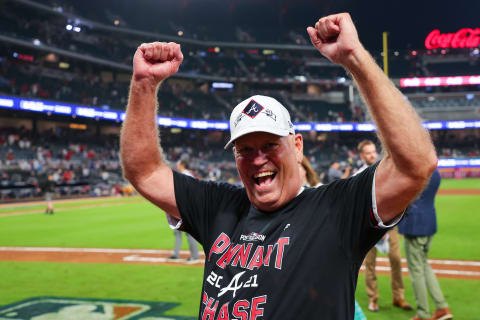 ATLANTA, GEORGIA – OCTOBER 12: Brian Snitker #43 of the Atlanta Braves (Photo by Kevin C. Cox/Getty Images)