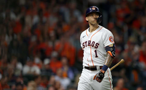 HOUSTON, TEXAS – NOVEMBER 02: Carlos Correa #1 of the Houston Astros (Photo by Elsa/Getty Images)