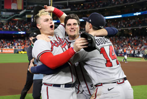 HOUSTON, TEXAS – NOVEMBER 02: (L-R) Joc Pederson #22 of the Atlanta Braves (Photo by Elsa/Getty Images)