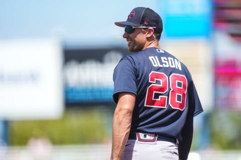 FORT MYERS, FL- MARCH 22: Matt Olson #28 of the Atlanta Braves looks on during a spring training game against the Minnesota Twins on March 22, 2022 at Hammond Stadium in Fort Myers, Florida. (Photo by Brace Hemmelgarn/Minnesota Twins/Getty Images)