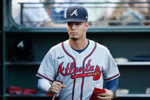 SAN FRANCISCO, CALIFORNIA – SEPTEMBER 12: Vaughn Grissom #18 of the Atlanta Braves looks on before the game against the San Francisco Giants at Oracle Park on September 12, 2022 in San Francisco, California. (Photo by Lachlan Cunningham/Getty Images)