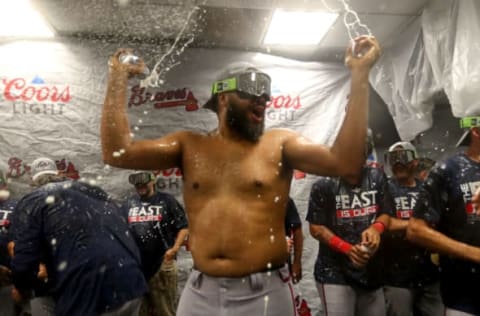 Kenley Jansen of the Atlanta Braves shows that pitchers are athletes too. (Photo by Megan Briggs/Getty Images)