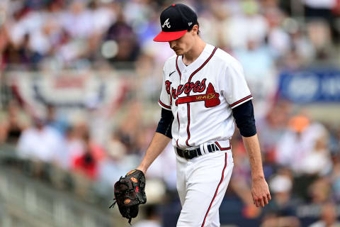 ATLANTA, GEORGIA – OCTOBER 11: Max Fried #54 of the Atlanta Braves walks off the mound during the third inning against the Philadelphia Phillies in game one of the National League Division Series at Truist Park on October 11, 2022 in Atlanta, Georgia. (Photo by Adam Hagy/Getty Images)