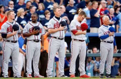 KANSAS CITY, MO – JULY 10: (L-R) National League All-Stars Craig Kimbrel #46 of the Atlanta Braves, Michael Bourn #24 of the Atlanta Braves, Chipper Jones #10 of the Atlanta Braves. (Photo by Jamie Squire/Getty Images)