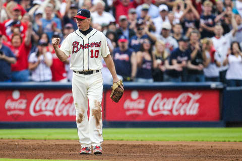 ATLANTA, GA – SEPTEMBER 30: Chipper Jones #10 of the Atlanta Braves reacts to winning the game against the New York Mets at Turner Field on September 30, 2012 in Atlanta, Georgia. The Braves won 6-2. (Photo by Daniel Shirey/Getty Images)