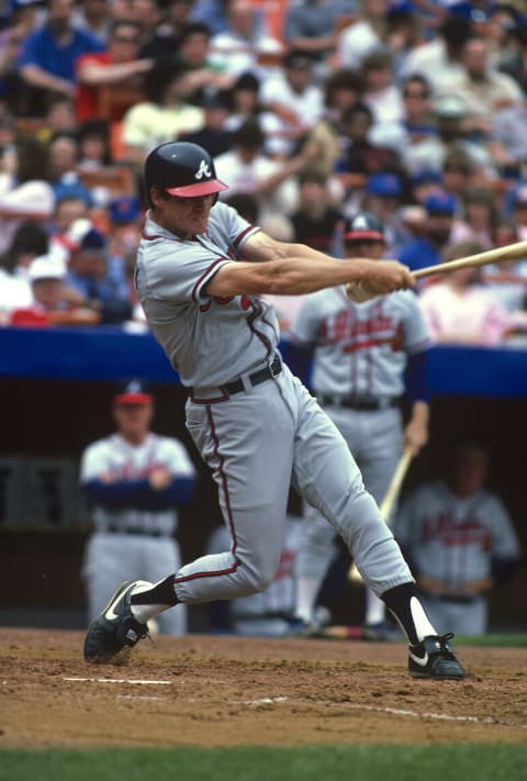 Atlanta Braves outfielder Dale Murphy hut 44 homers in 1987, this one against the Mets at Shea Stadium. (Photo by Focus on Sport/Getty Images)