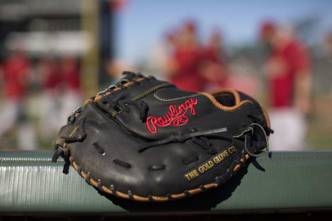 A glove like those worn by Atlanta Braves first basemen today. (Photo by Stephen Lam/Getty Images)