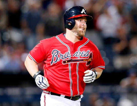 ATLANTA, GA – SEPTEMBER 13: Brian McCaann #16 of the Atlanta Braves rounds first base after hitting a two-run homer in the fourth inning against the San Diego Padres at Turner Field on September 13, 2013 in Atlanta, Georgia. (Photo by Kevin C. Cox/Getty Images)